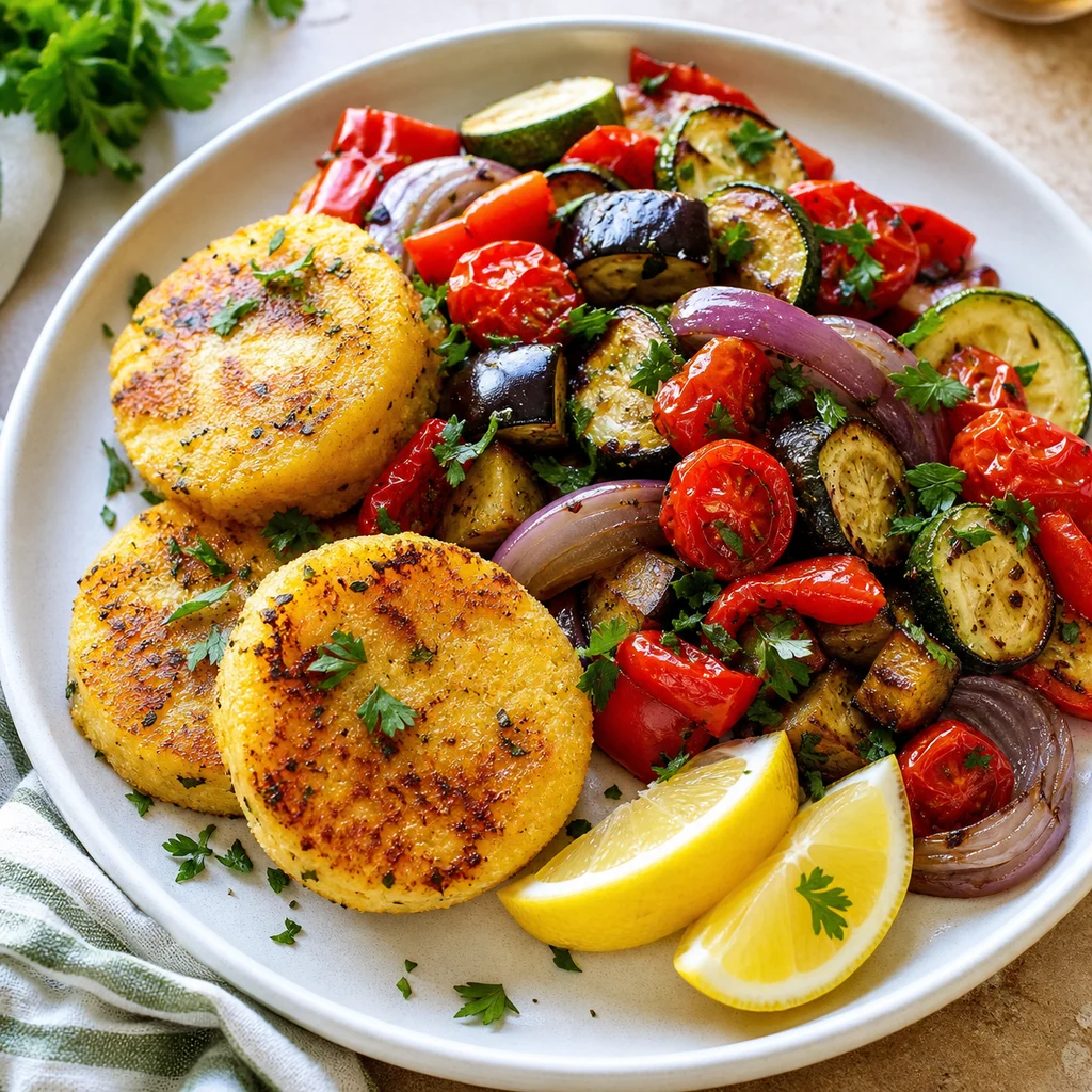 FreeFlourish lemon herb polenta cakes with roasted vegetables