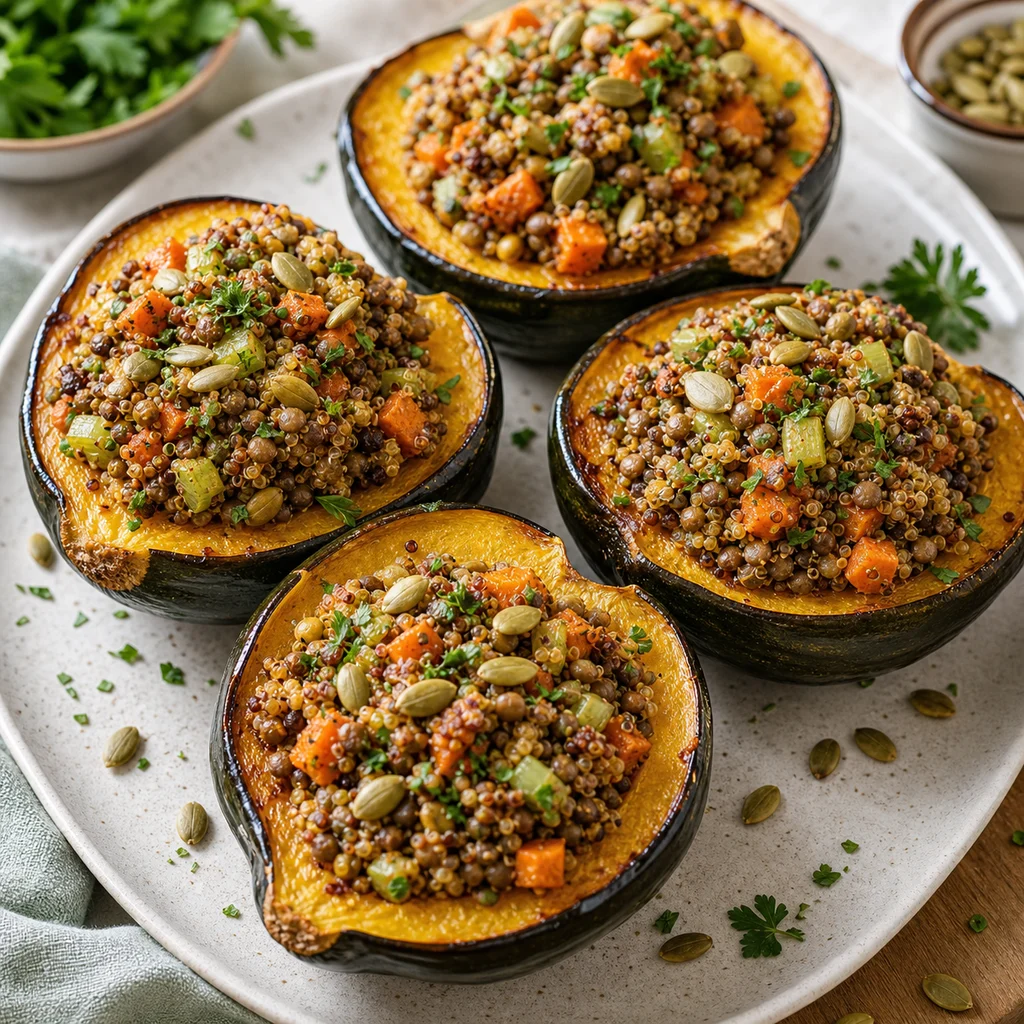 FreeFlourish lentil quinoa stuffed acorn squash finished dish