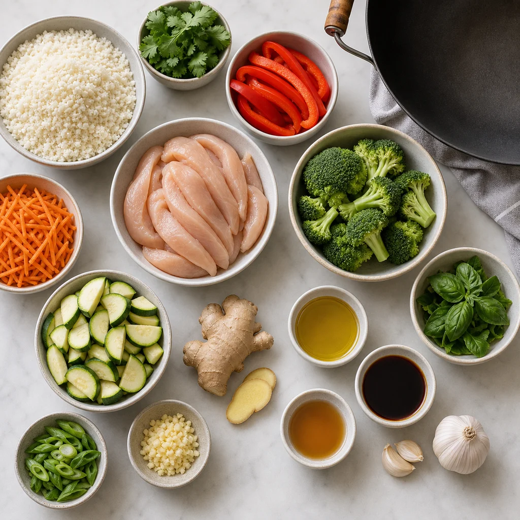FreeFlourish gluten-free Whole30 chicken vegetable stir-fry ingredients