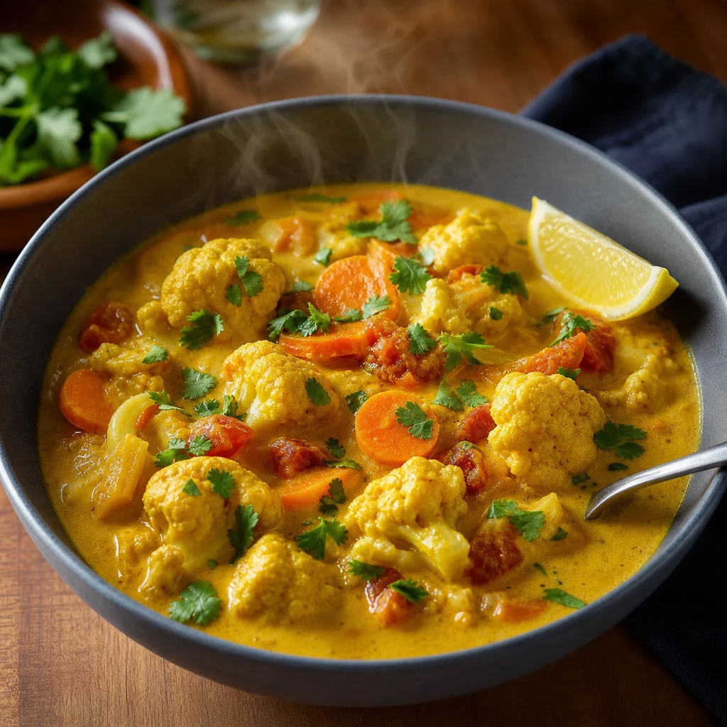 FreeFlourish creamy coconut cauliflower curry finished dish
