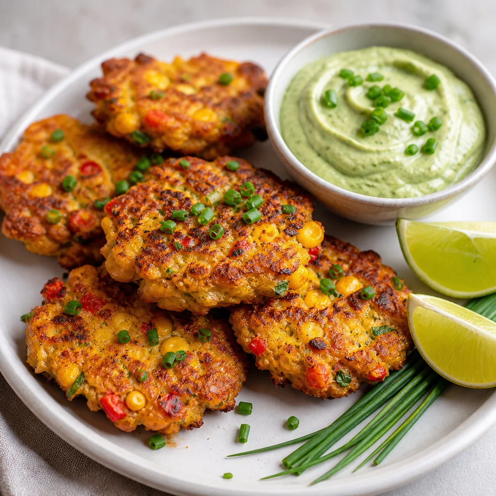 FreeFlourish sweet corn and chive fritters with avocado crema finished dish
