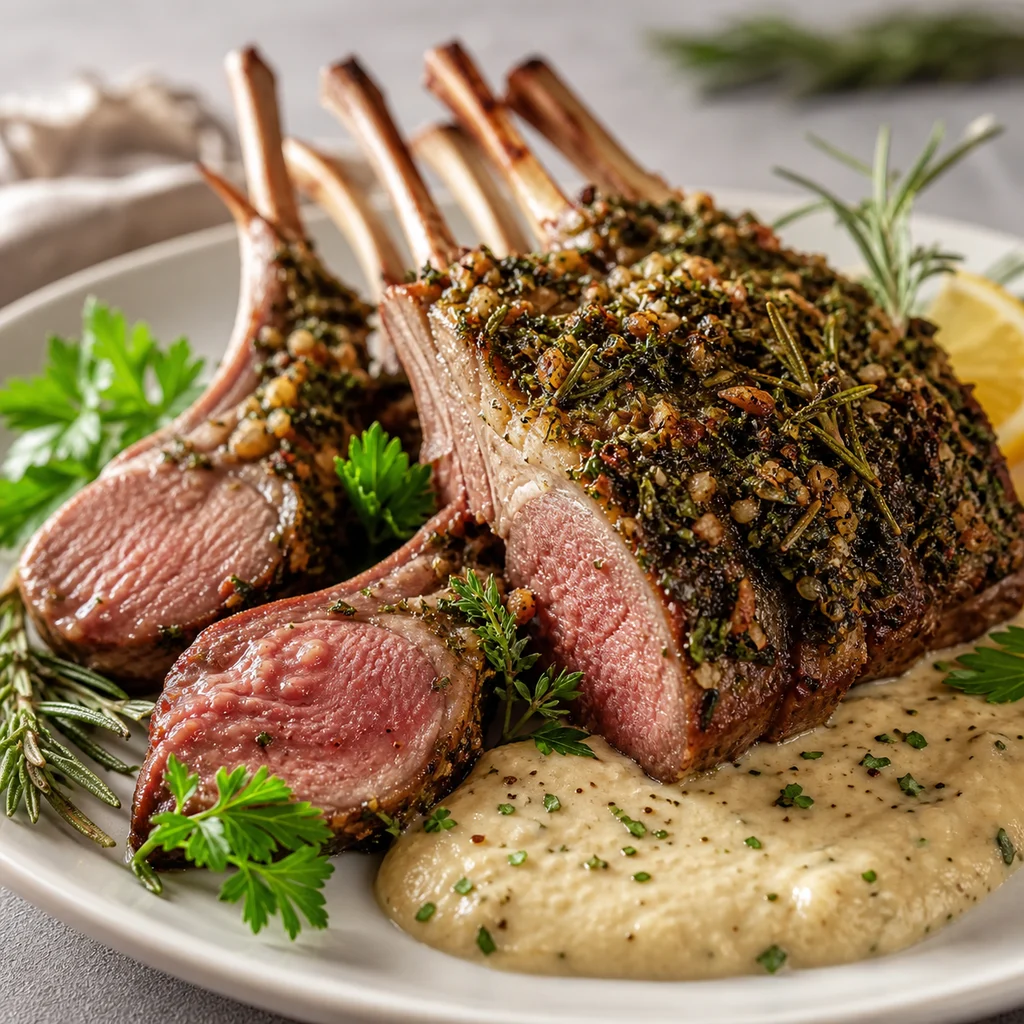 FreeFlourish herb-crusted rack of lamb with roasted garlic sauce finished dish