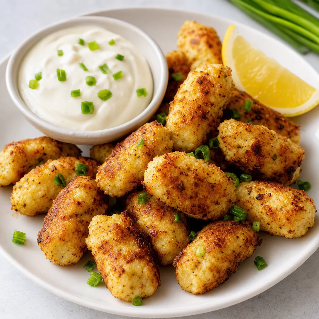 FreeFlourish paleo cauliflower tater tots with garlic aioli finished dish