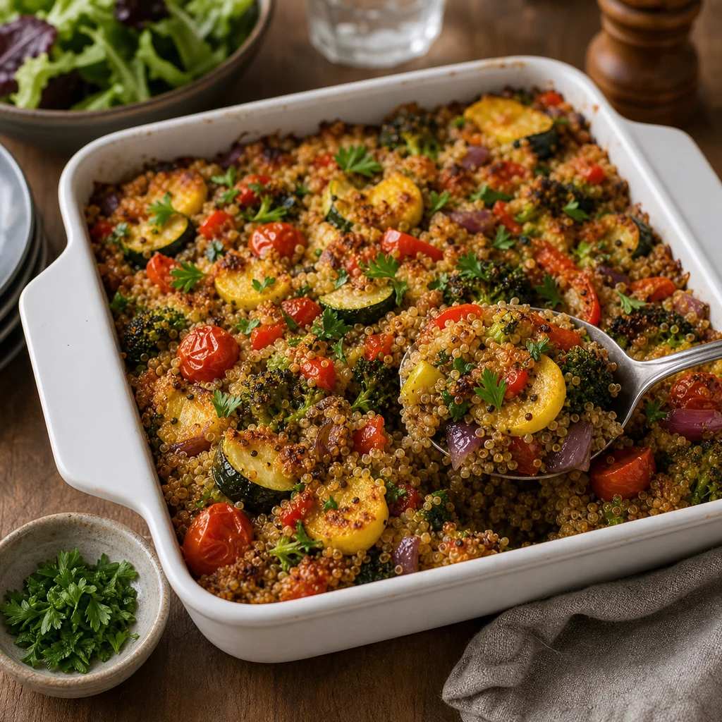 FreeFlourish family-style quinoa and roasted vegetable bake finished dish