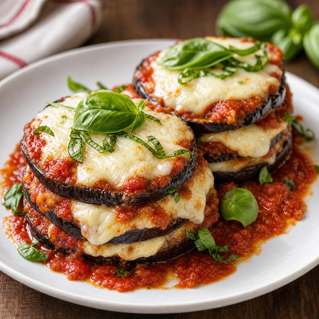 FreeFlourish baked eggplant parmesan stacks finished dish