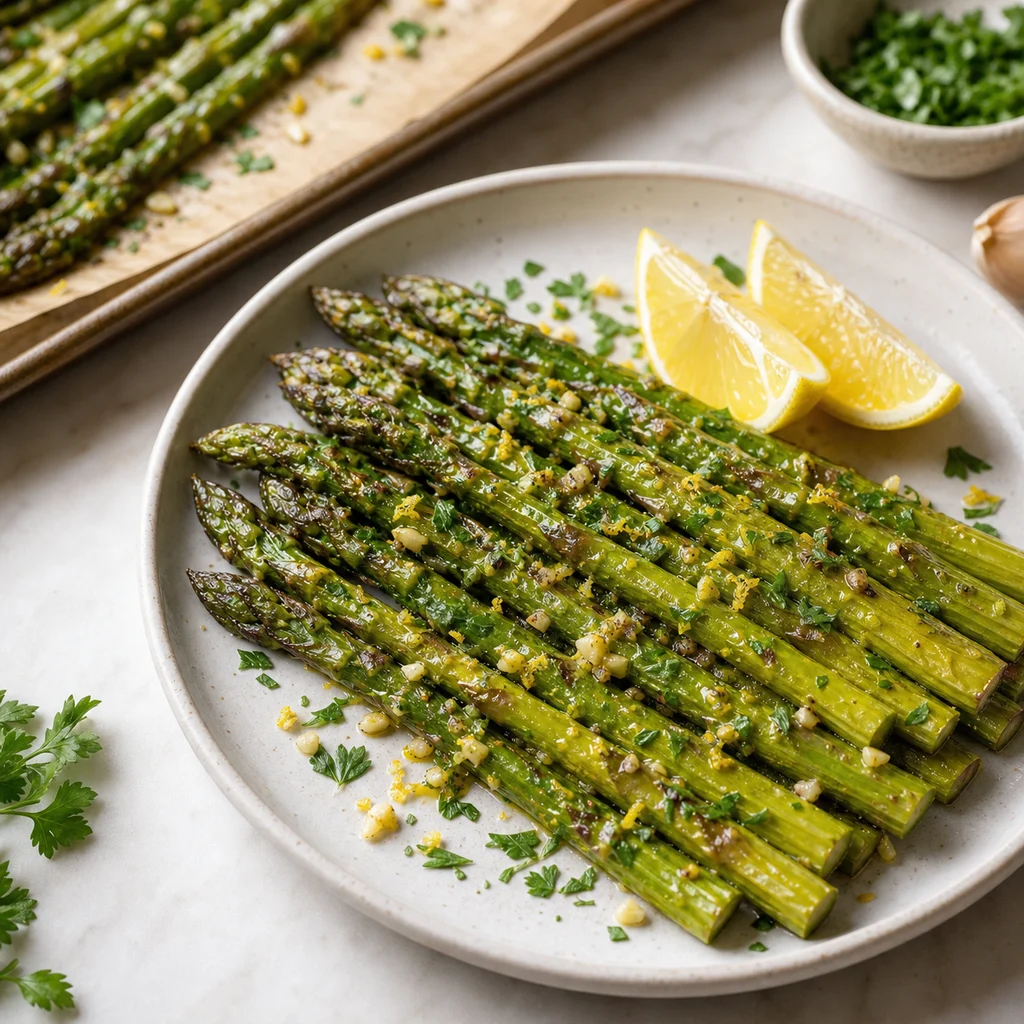 FreeFlourish lemon garlic roasted asparagus finished dish