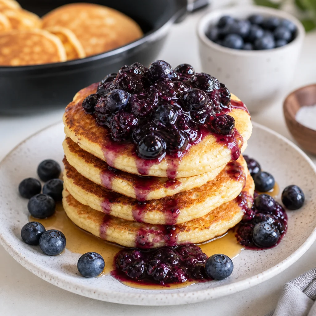 FreeFlourish paleo coconut flour pancakes with blueberry compote finished dish