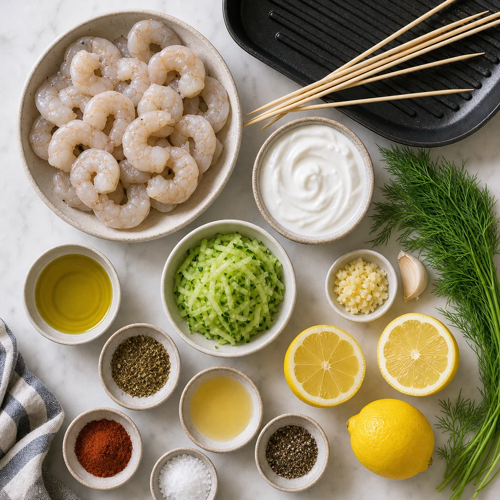 FreeFlourish gluten-free Mediterranean grilled shrimp skewers with tzatziki dip ingredients