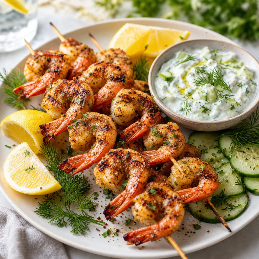 FreeFlourish Mediterranean grilled shrimp skewers with tzatziki dip finished dish