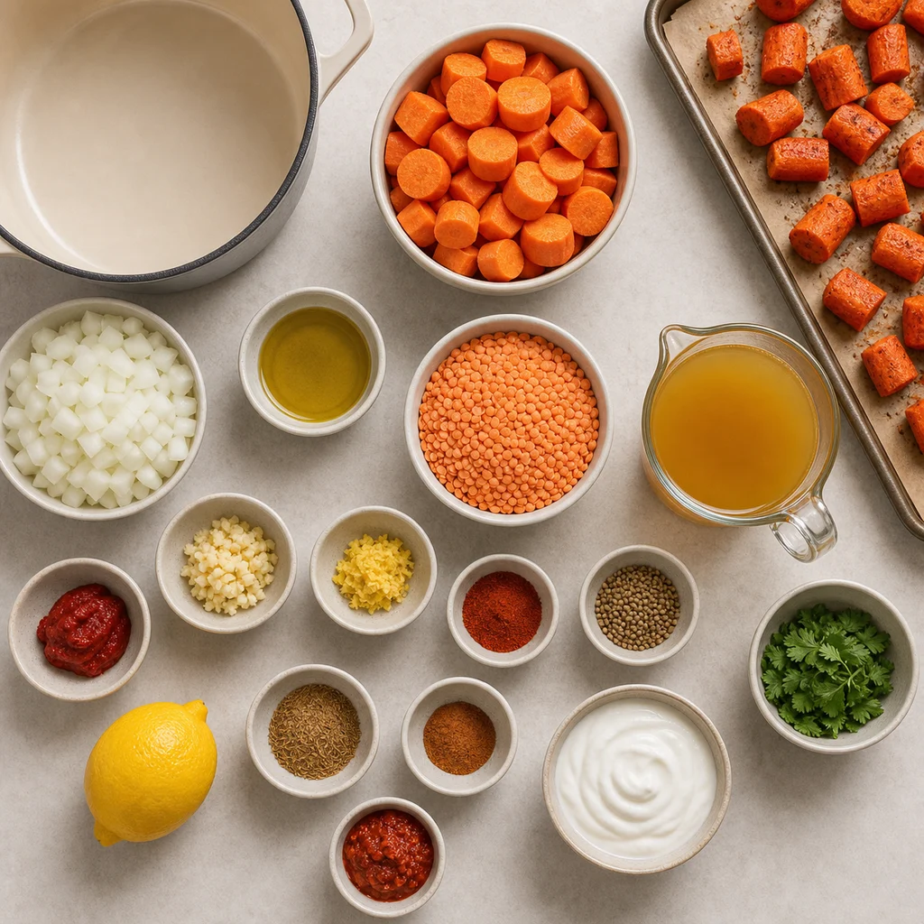 FreeFlourish gluten-free roasted carrot and red lentil soup with harissa ingredients