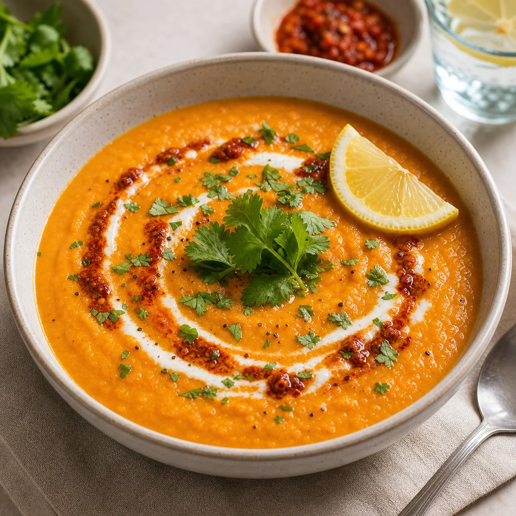 FreeFlourish roasted carrot and red lentil soup with harissa finished dish