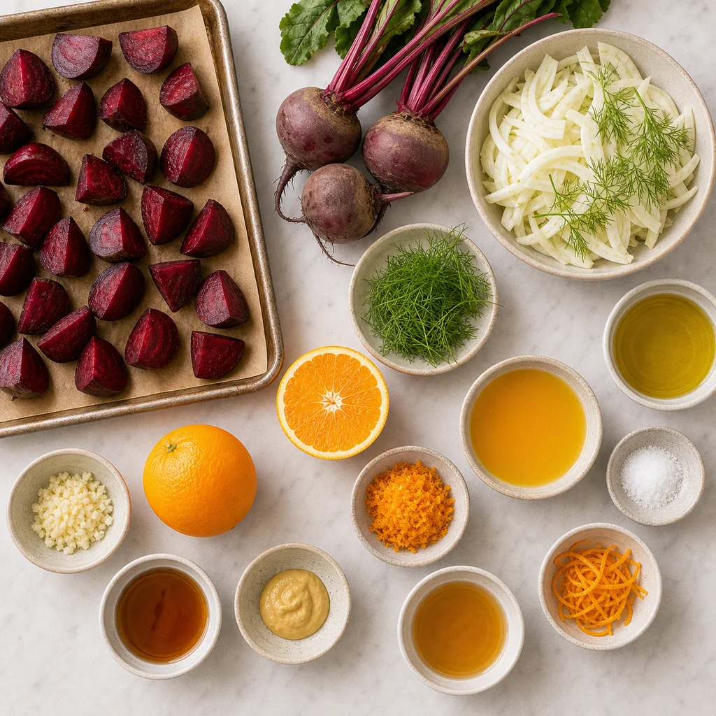 FreeFlourish gluten-free roasted beet and fennel salad with orange vinaigrette ingredients