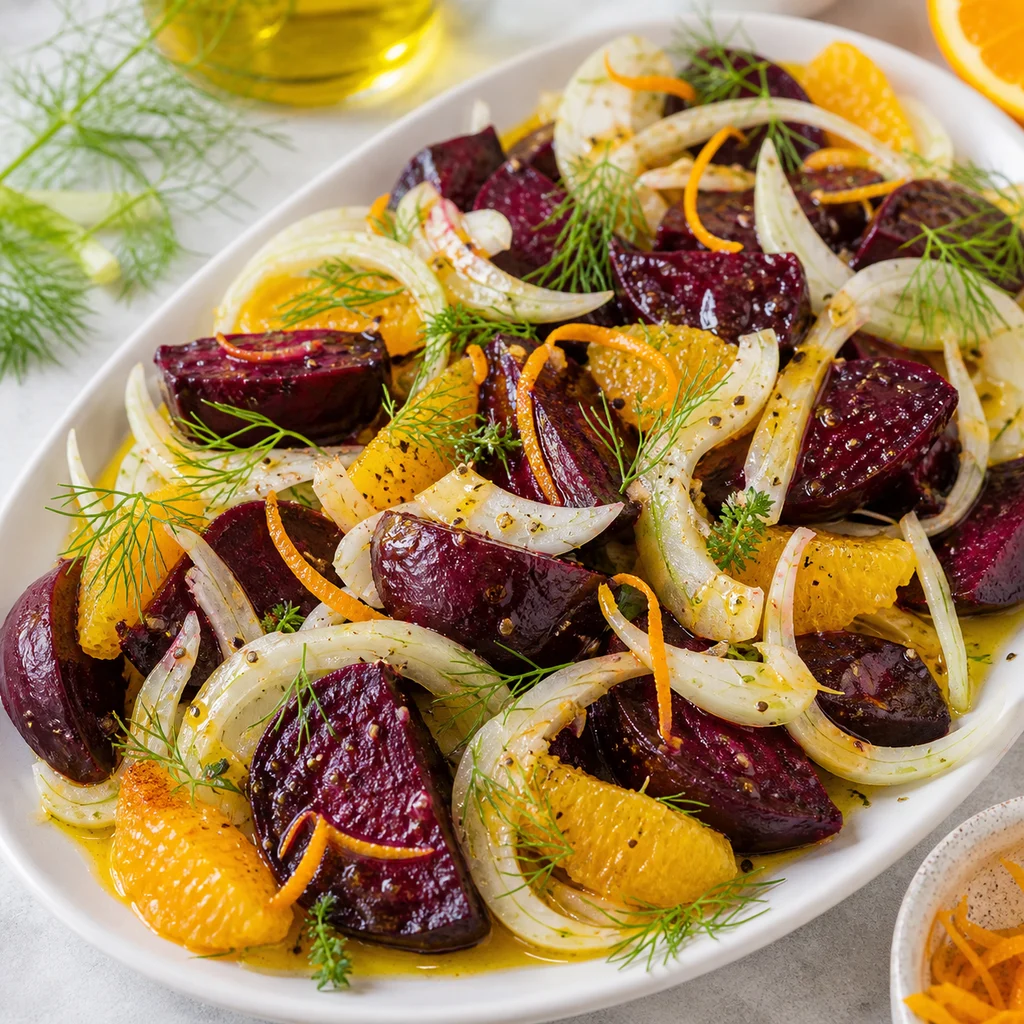 FreeFlourish roasted beet and fennel salad with orange vinaigrette finished dish