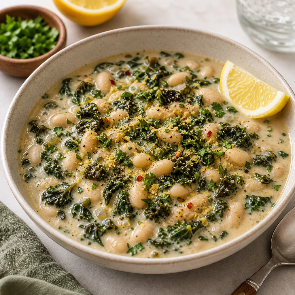 FreeFlourish creamy Tuscan white bean and kale stew finished dish