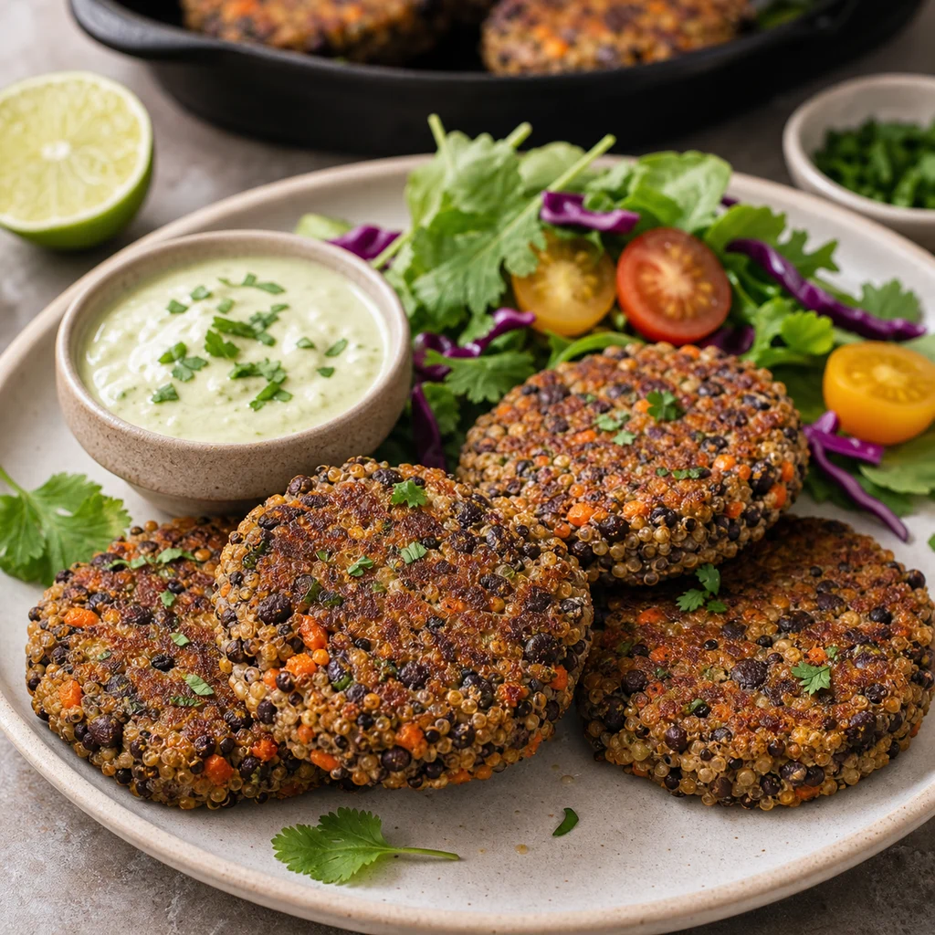 FreeFlourish black bean and quinoa patties finished dish
