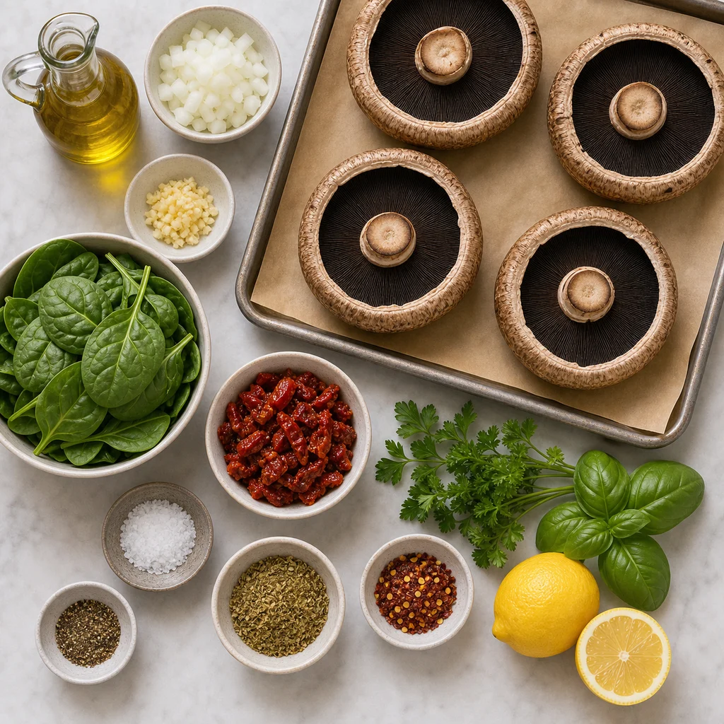 FreeFlourish gluten-free stuffed portobello mushrooms with spinach and sun-dried tomatoes ingredients
