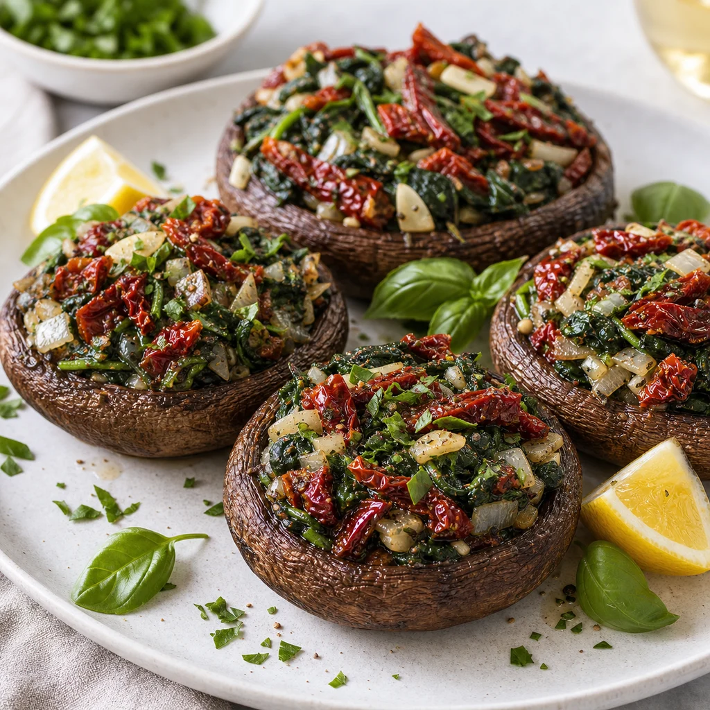 FreeFlourish stuffed portobello mushrooms with spinach and sun-dried tomatoes finished dish