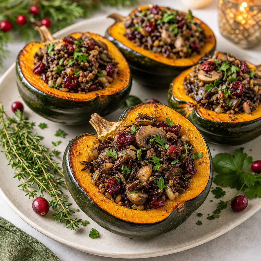 FreeFlourish stuffed acorn squash with wild rice and cranberries finished dish