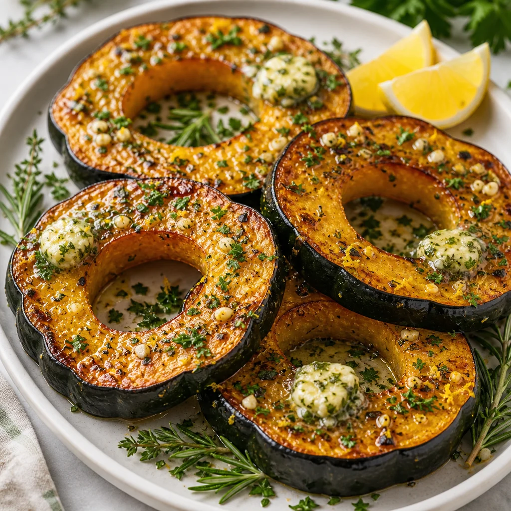 FreeFlourish roasted acorn squash steaks with herb garlic butter finished dish