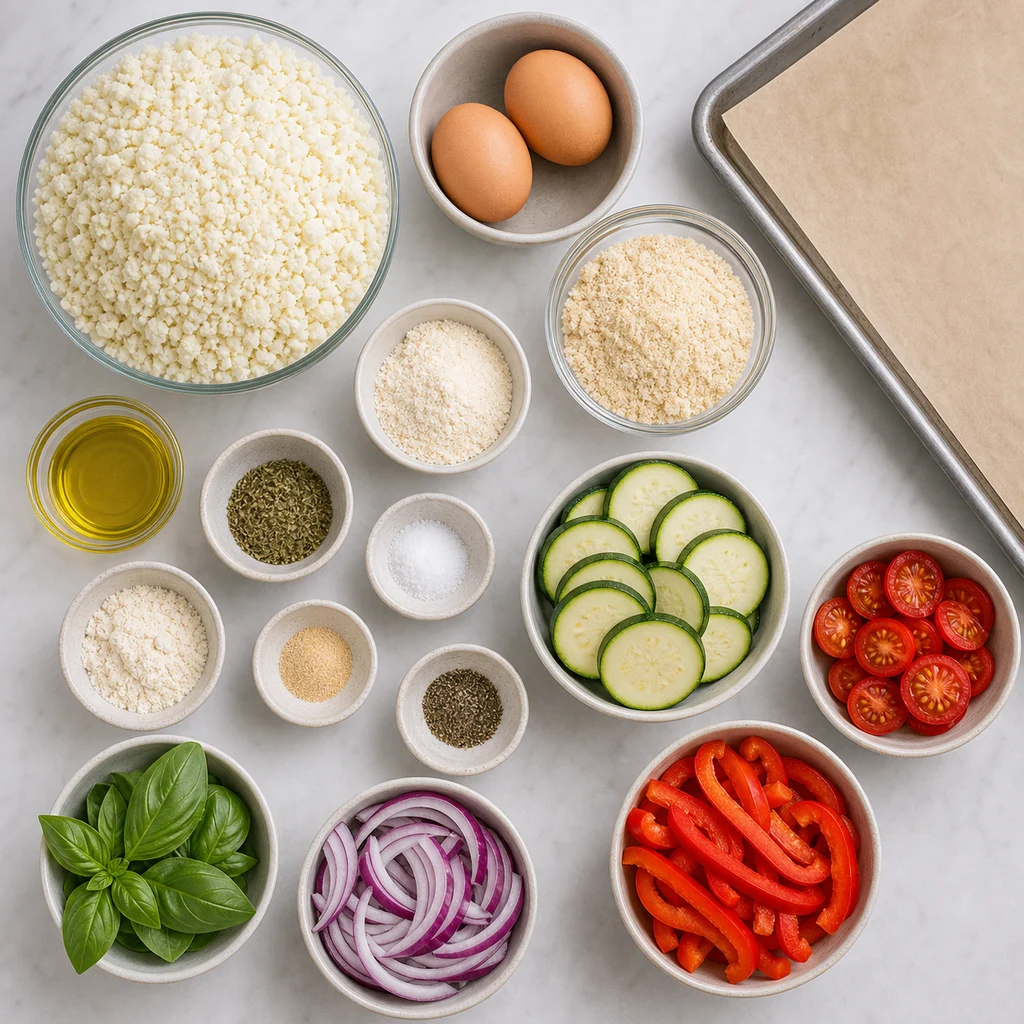 FreeFlourish gluten-free paleo cauliflower pizza crust with roasted vegetable toppings ingredients