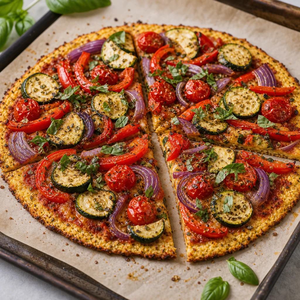 FreeFlourish paleo cauliflower pizza crust with roasted vegetable toppings finished dish