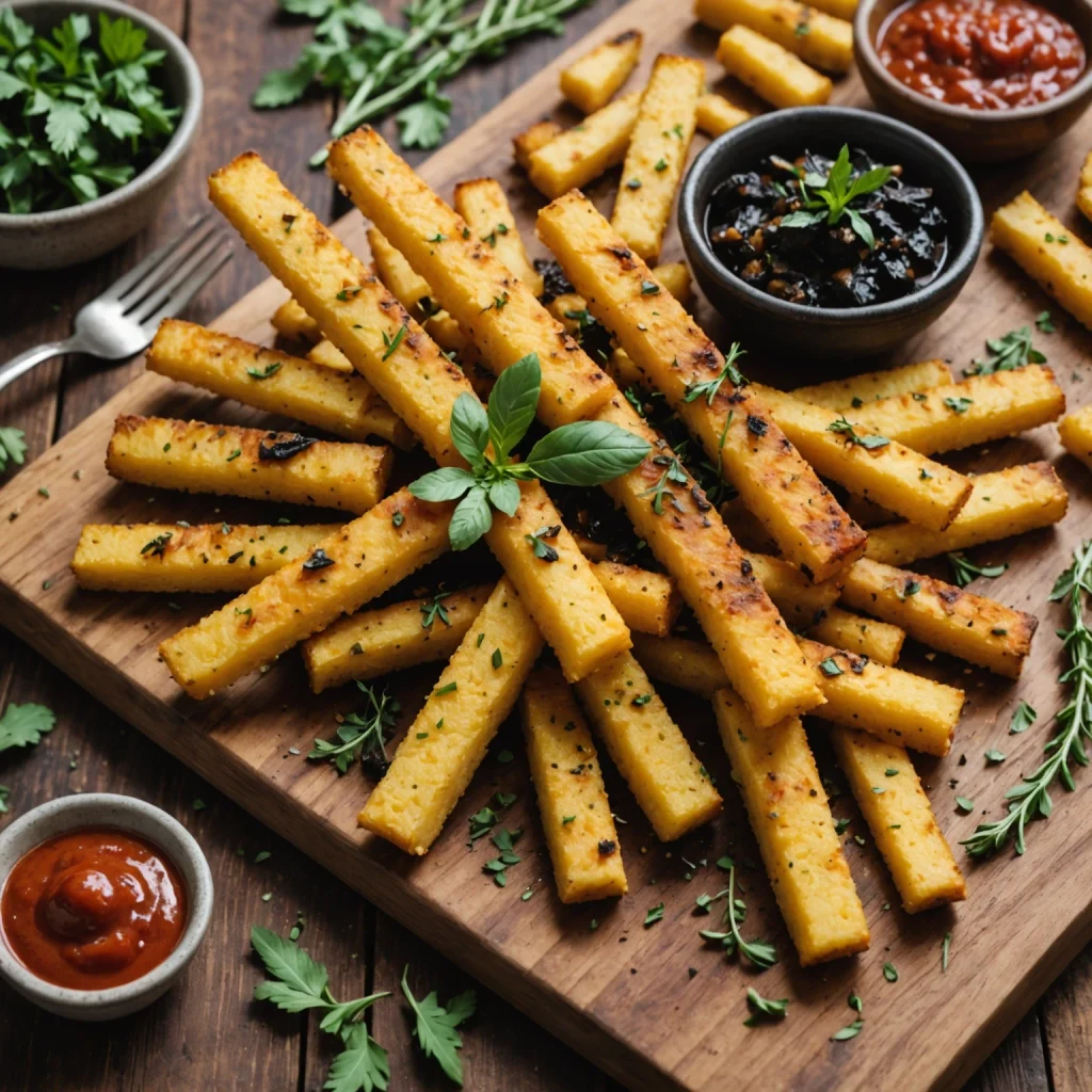 FreeFlourish savory black garlic herb polenta fries finished dish
