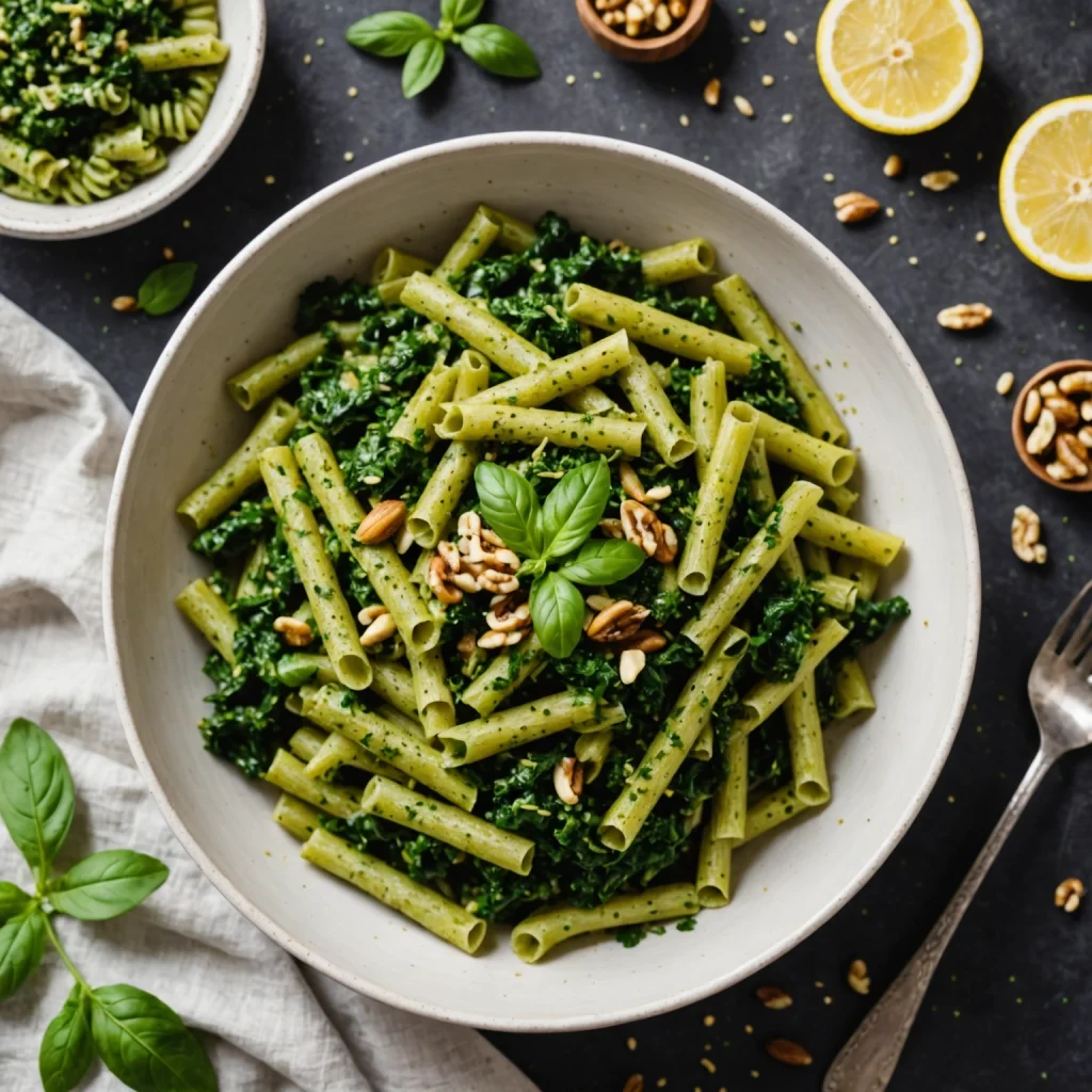FreeFlourish Gluten-Free Easy Vegan Walnut and Kale Pesto Pasta finished dish