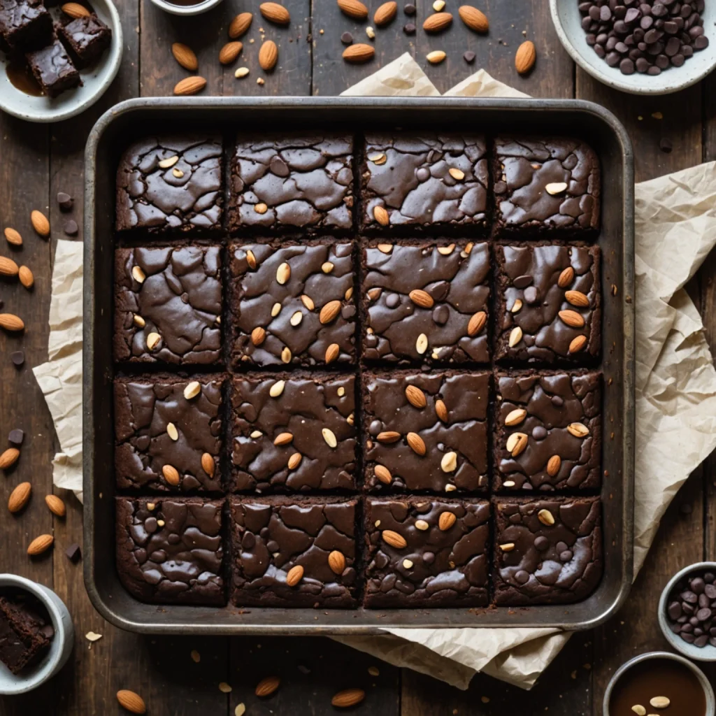 FreeFlourish Gluten-Free Chewy Almond Flour Brownies with Dark Chocolate Chips finished dish