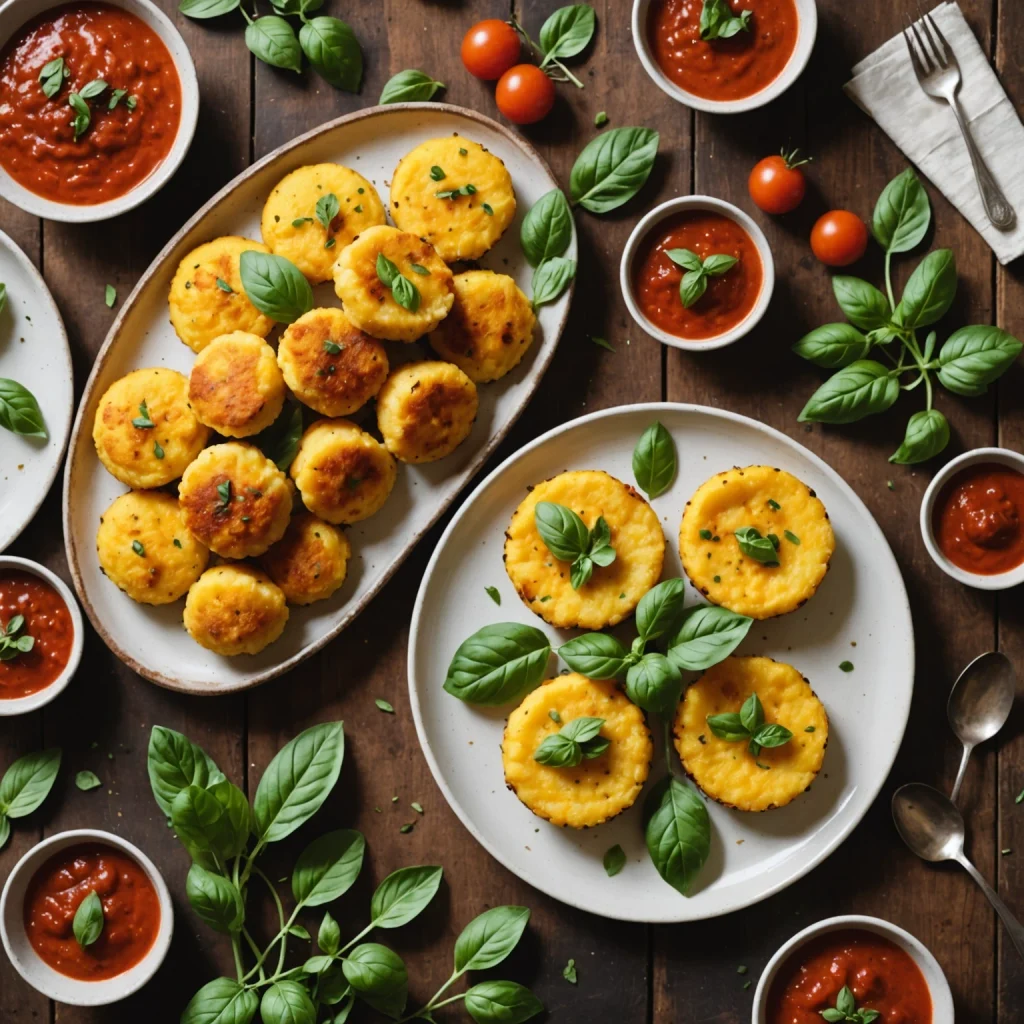 FreeFlourish Gluten-Free Cheesy Cauliflower Polenta Bites with Herbed Tomato Sauce finished dish