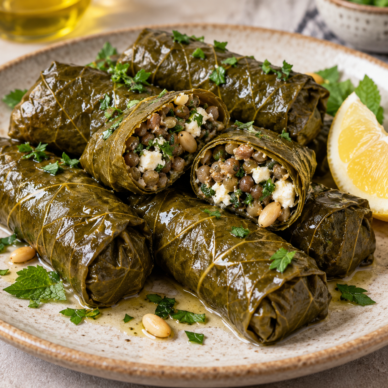 Gluten-Free Mediterranean Lentil and Feta Stuffed Grape Leaves