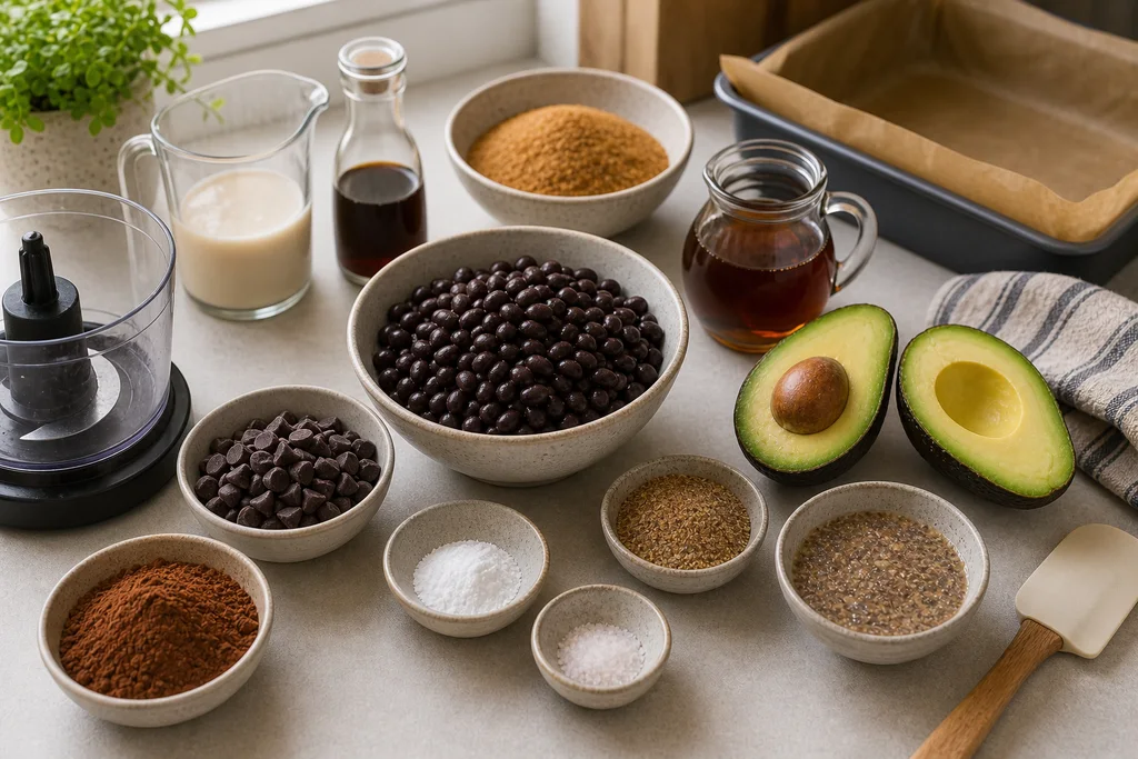 Ingredients for FreeFlourish gluten-free vegan black bean brownies with avocado