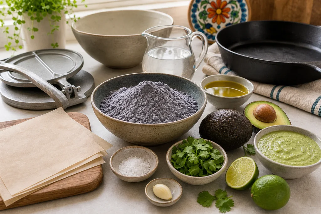 Ingredients and tools for gluten-free blue corn tortillas with avocado cilantro sauce