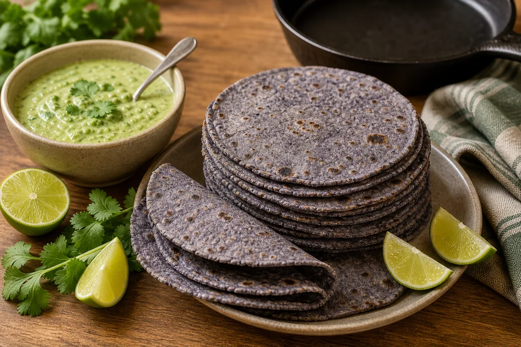 Stack of gluten-free blue corn tortillas with avocado cilantro sauce