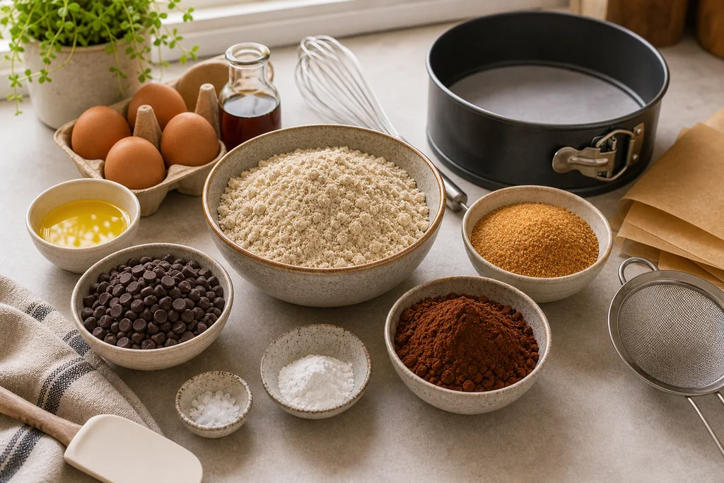 Nut-free gluten-free chocolate torte ingredients with seed flour and cocoa