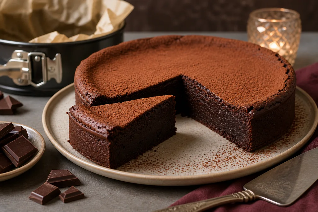 Sliced gluten-free chocolate torte dusted with cocoa powder