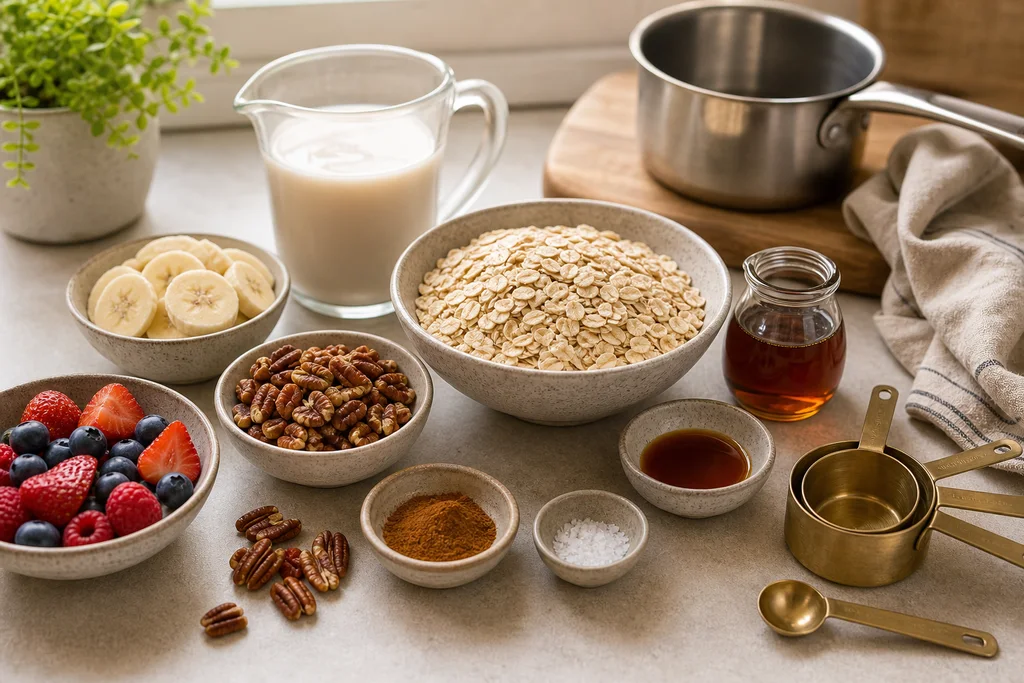 Ingredients for gluten-free maple pecan breakfast porridge on a kitchen counter