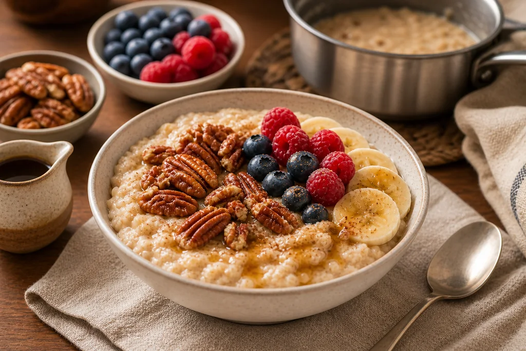 Bowl of gluten-free maple pecan breakfast porridge with berries and banana