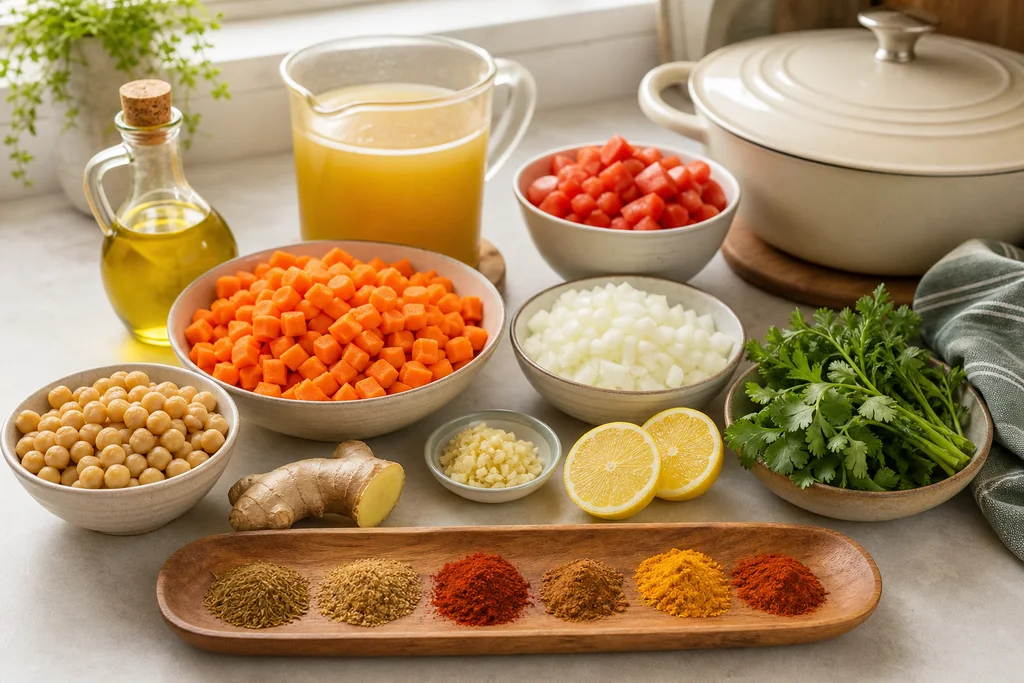 Ingredients for gluten-free Moroccan carrot and chickpea soup arranged on a kitchen counter