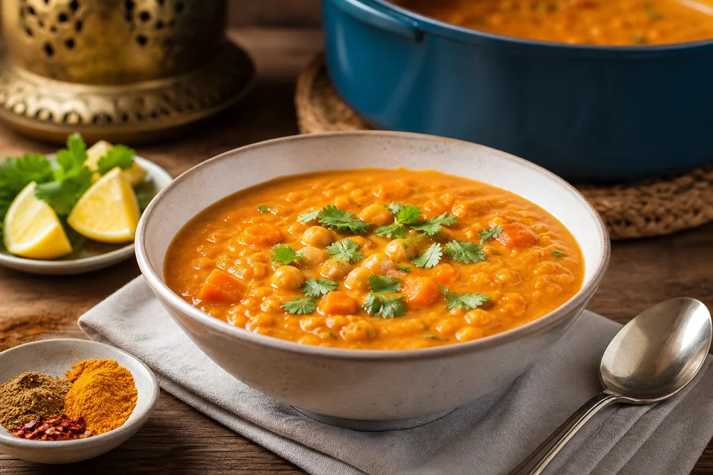 Bowl of gluten-free Moroccan carrot and chickpea soup with cilantro and lemon