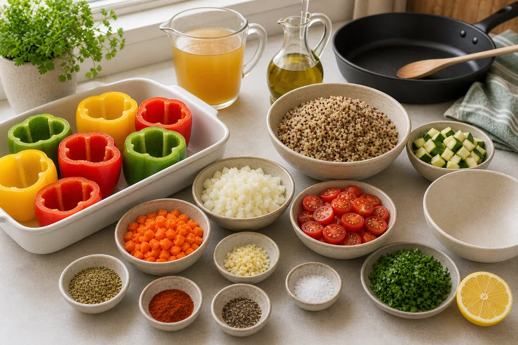 Ingredients for gluten-free quinoa and vegetable stuffed peppers