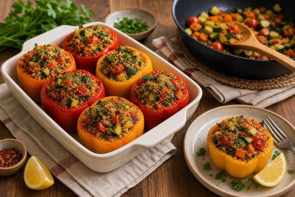 Baked gluten-free quinoa and vegetable stuffed peppers in a dish