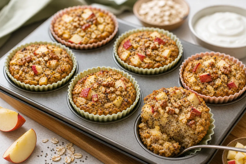 Baked apple chia porridge cups in a muffin tin with apple and oat texture
