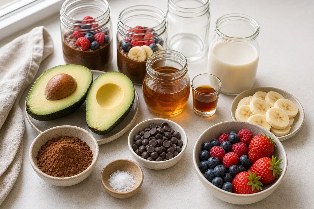 Measured ingredients for gluten-free chocolate avocado pudding parfaits