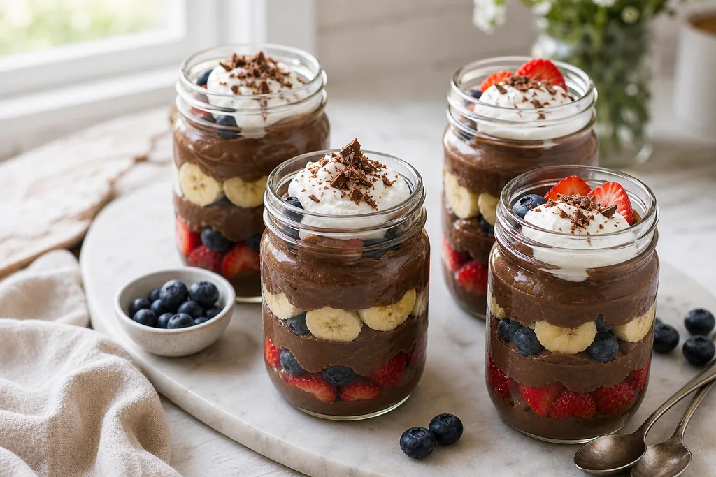 Finished chocolate avocado pudding parfaits layered with berries and banana