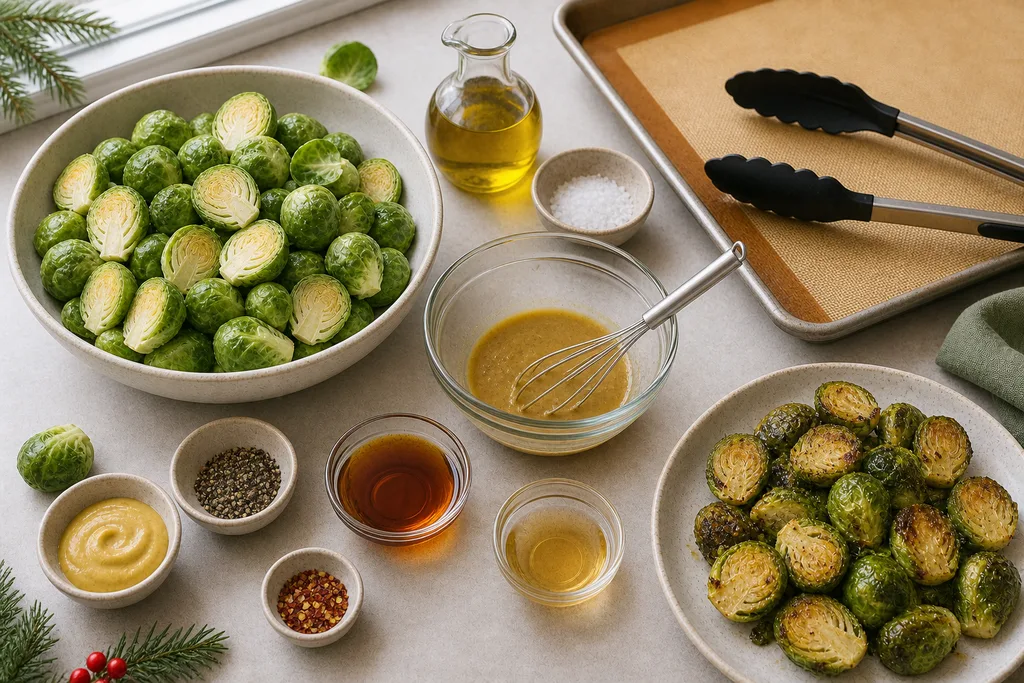 Measured gluten-free ingredients for maple Dijon roasted Brussels sprouts