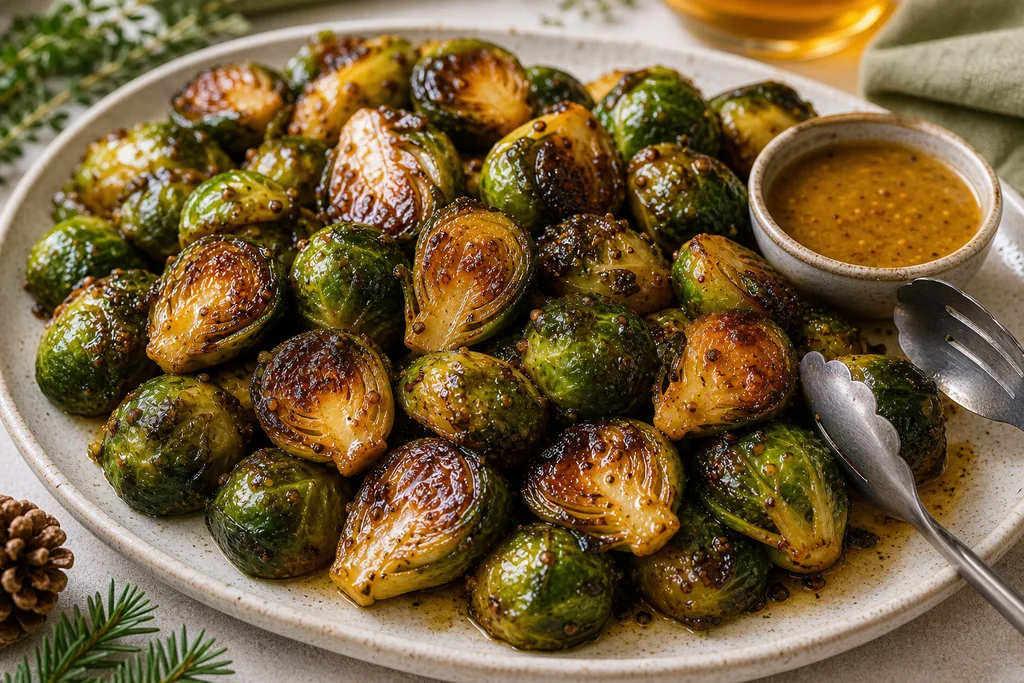 Glossy maple Dijon glazed roasted Brussels sprouts on a serving platter