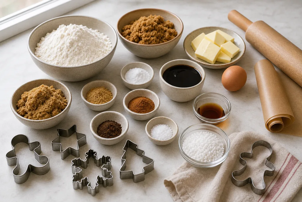 Measured gluten-free ingredients for molasses gingerbread cookies