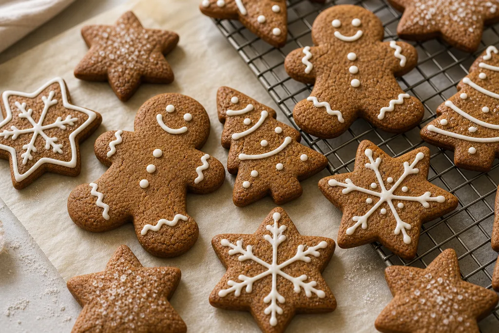 Baked gluten-free molasses gingerbread cookies decorated with white icing