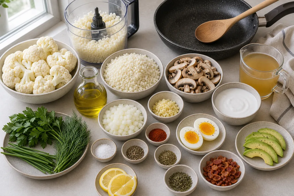 Measured gluten-free paleo ingredients for savory cauliflower mushroom breakfast porridge