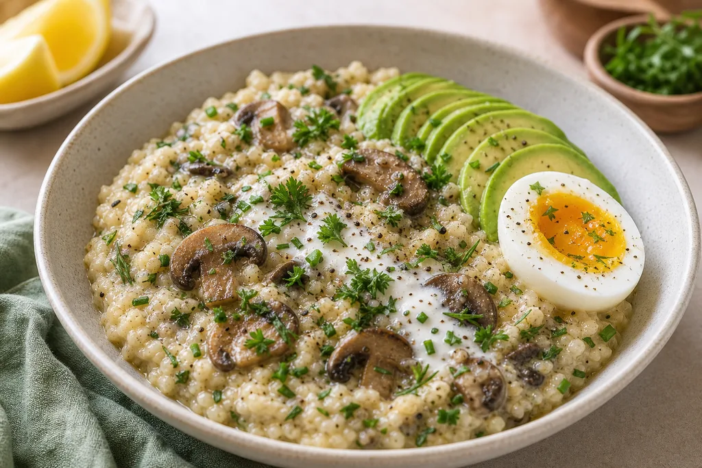 Creamy gluten-free paleo savory cauliflower porridge with mushrooms and herbs